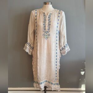 Embroidered White and Blue Pakistani-style kurta